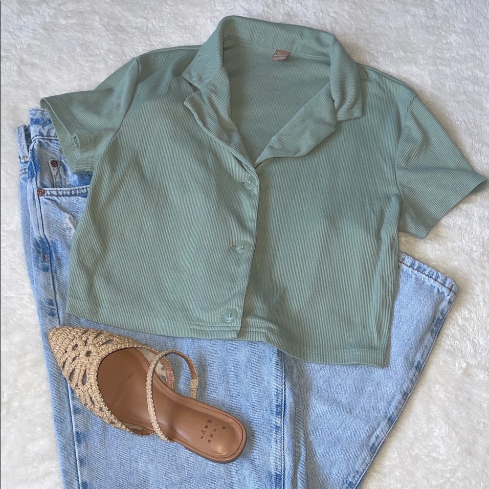 Cropped Ribbed Button Front Top in Sage Green